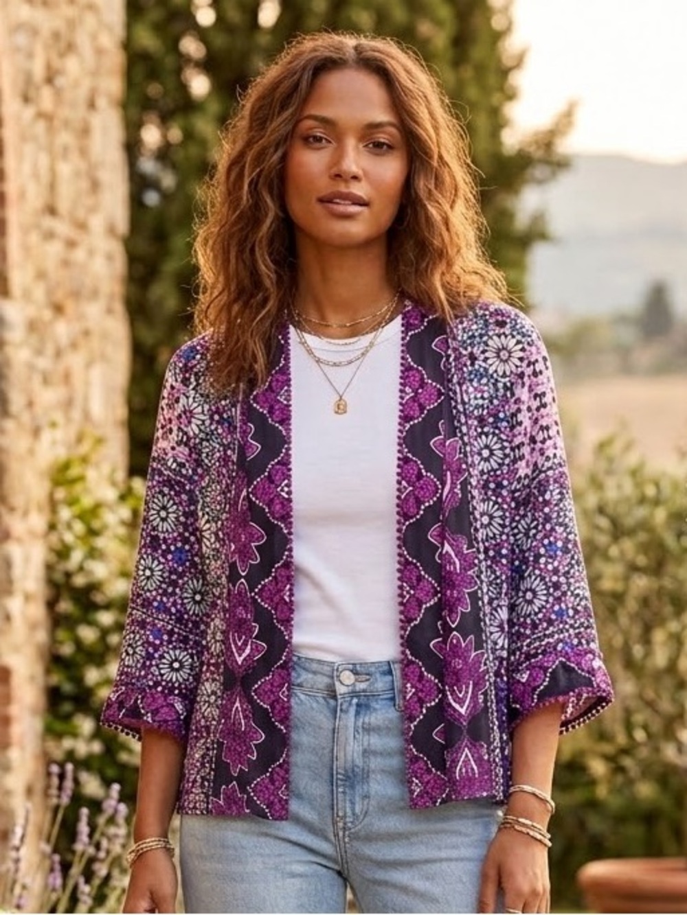 Allison Daley Purple, Navy & White Floral Open-Front Cardigan Kimono